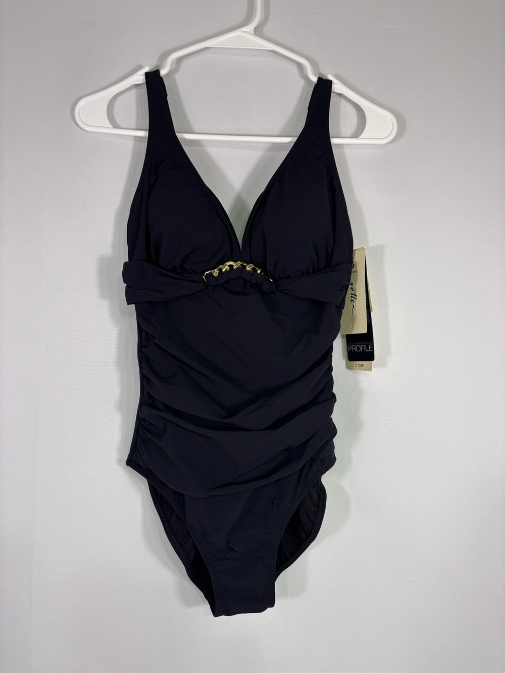 NWT Profile by Gottex Black One Piece Swimsuit D Cup Ruched Gold Detail Size 8D